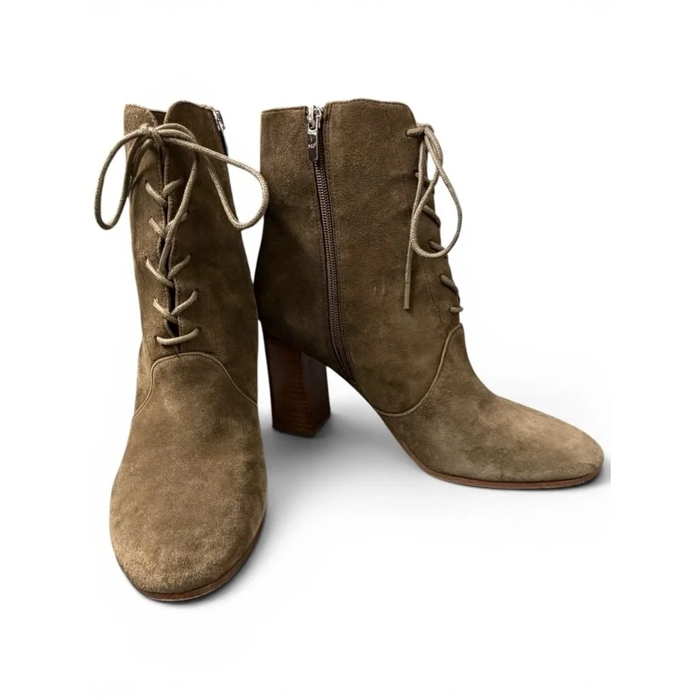 Marc Fisher‎ Ankle Boots Womens 10 Olive Green Suede Lace Up Side Zip Block Heel